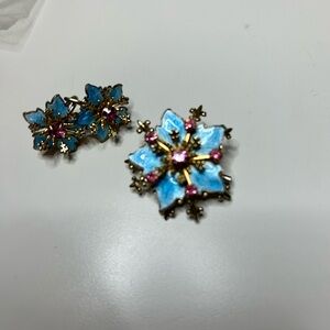 Vintage Elegant Blue enamel and Pink Floral Jewelry Set